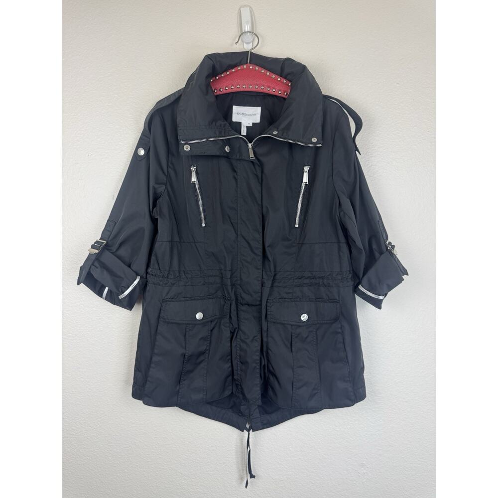 BCBGeneration Semi Memory Anorak Utility Zip Up Jacket Stowaway Hood Black XL